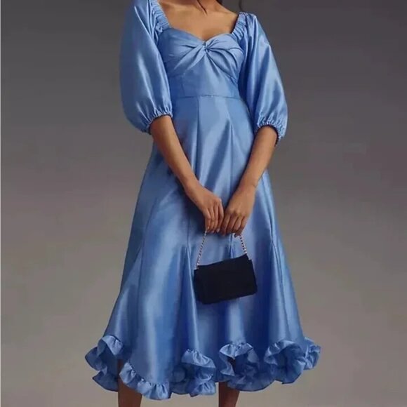 Hutch Anthropologie Blue Midi Dress XS Ruffle Hem-Twist-Front Puff-Sleeve  NWT